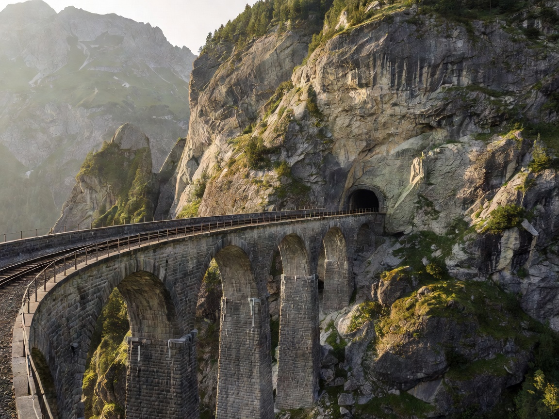 Curved high stone arches of the Landwasser Viaduct with tracks entering a mountain cliff tunnel
