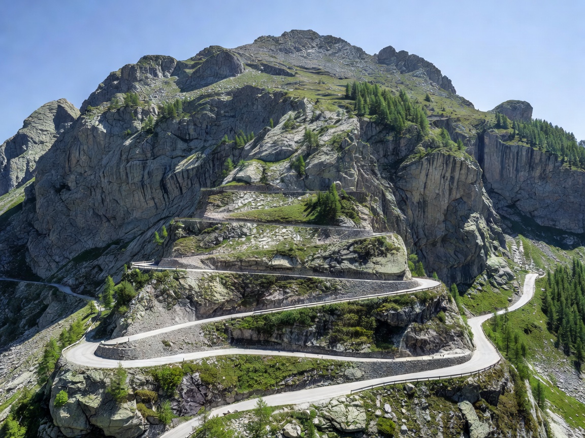 Hairpin bends carved into high granite mountain cliffs leading to the Furka Pass