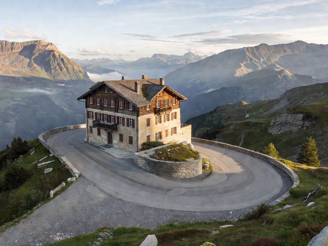 Historic Hotel Belvedere standing on a hairpin turn overlooking the Furka pass landscape