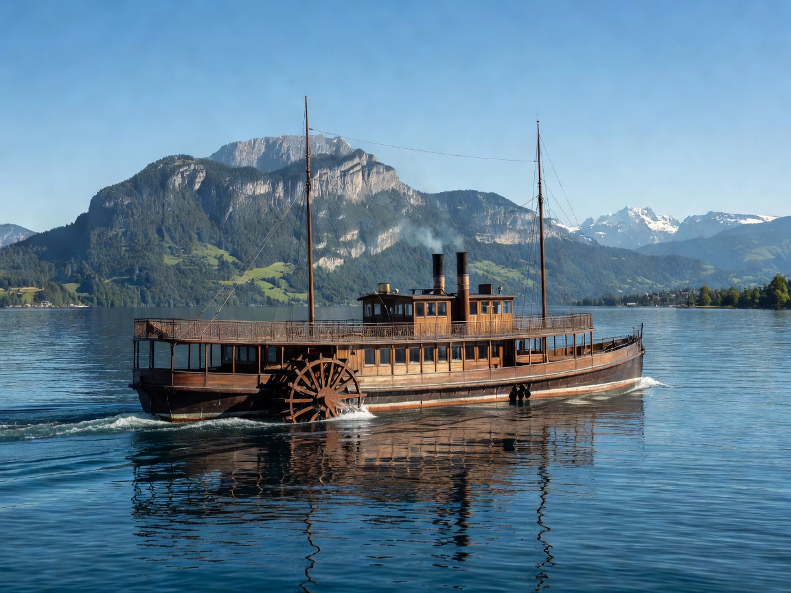 Historic paddle steamer vessel navigating the deep blue waters of Lake Lucerne framed by Mount Rigi