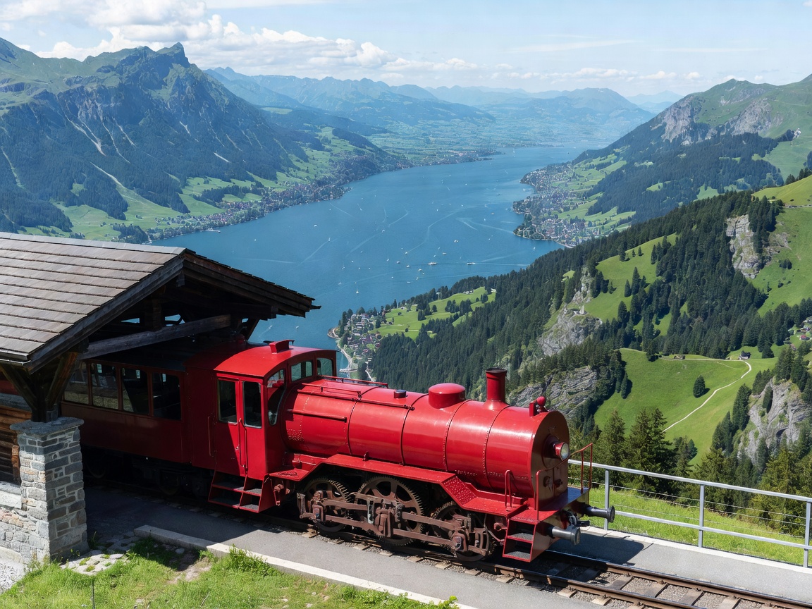 Red cogwheel train sitting at Rigi Kulm summit station overlooking Lake Lucerne below