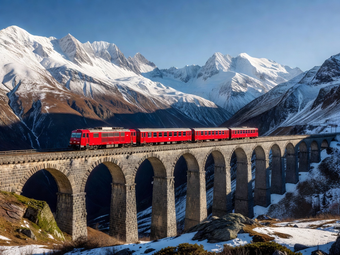 Scenic red train crossing an alpine stone viaduct with snowcapped peaks in the background