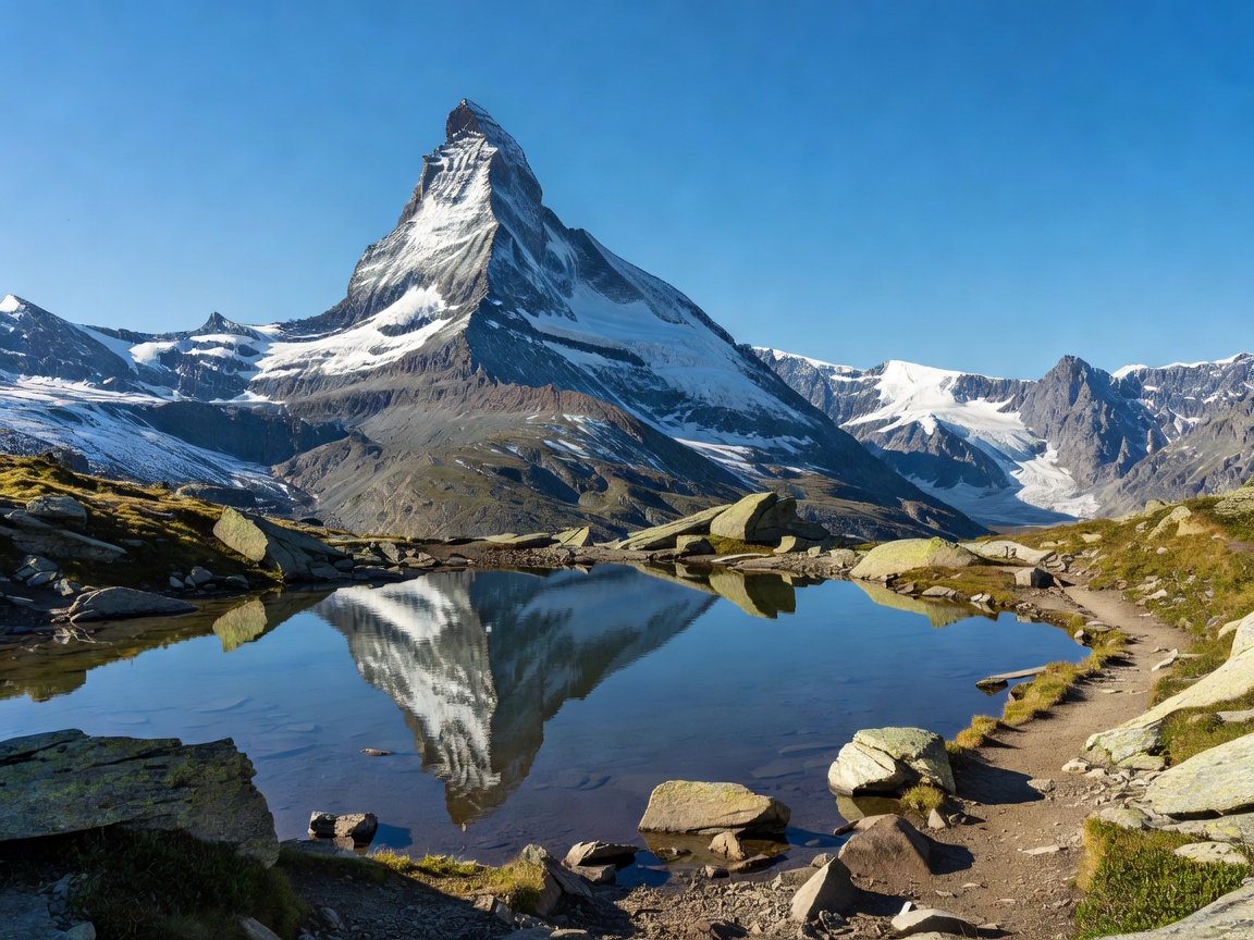 Sharp pyramidal peak of the Matterhorn reflected in an alpine pool viewed from the Gornergrat trail
