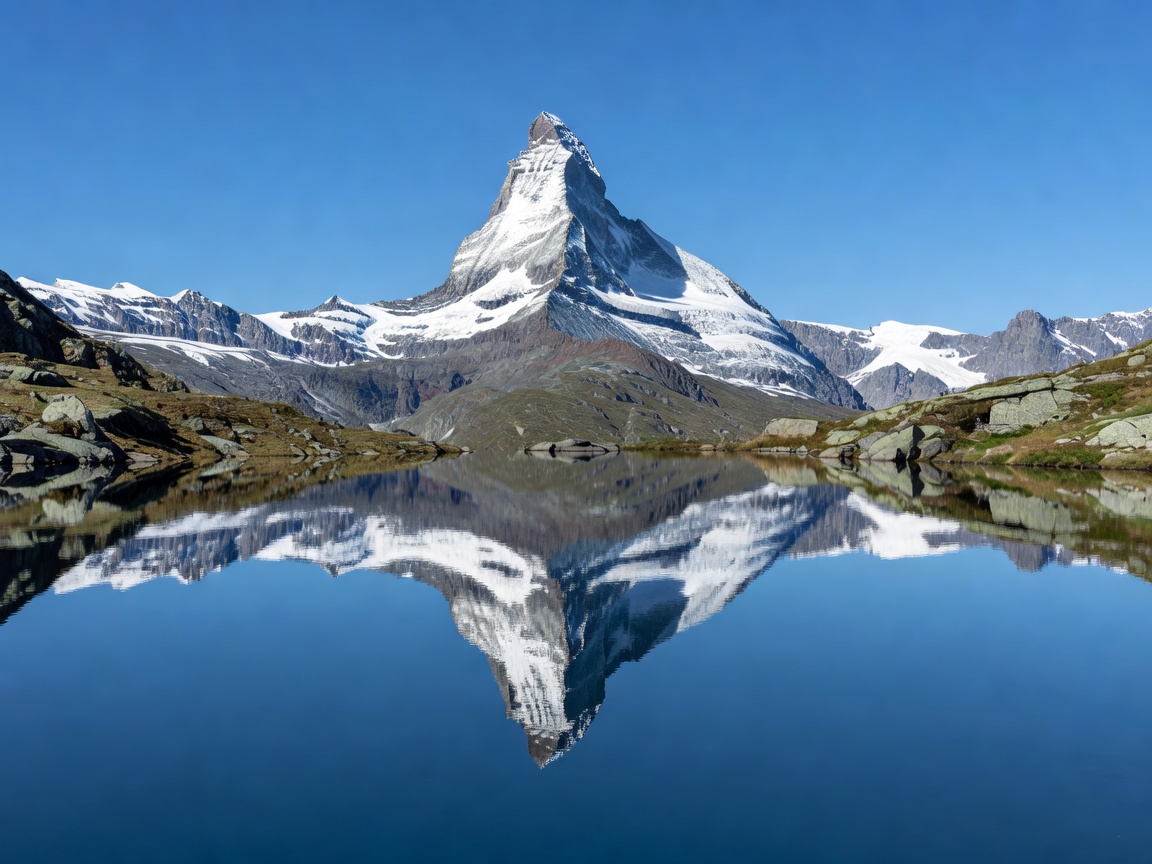 Symmetric reflection of the Matterhorn pyramid in the still surface of the alpine Riffelsee lake