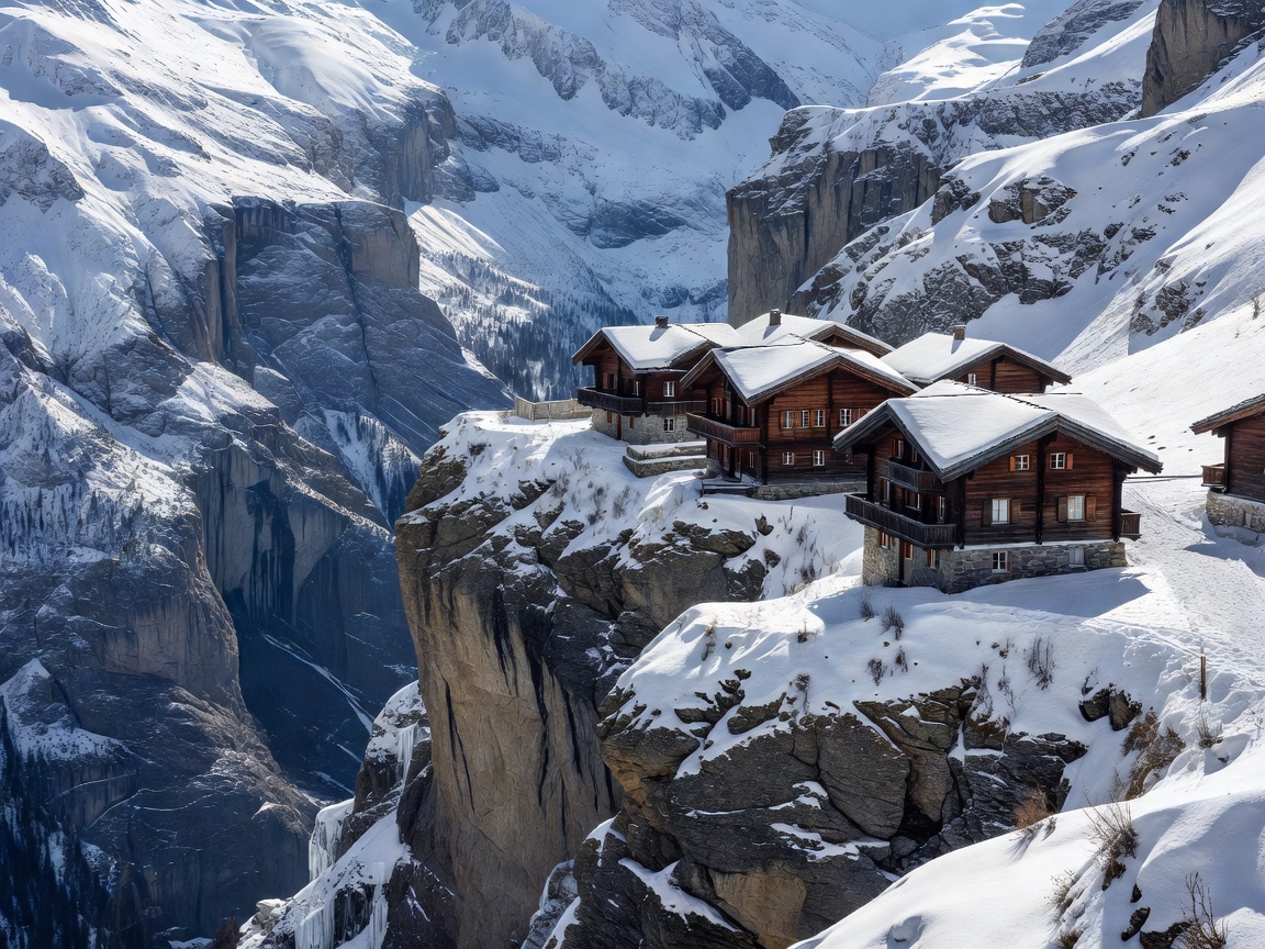 Timber chalets of Mürren perched on an alpine shelf overlooking sheer vertical rock faces
