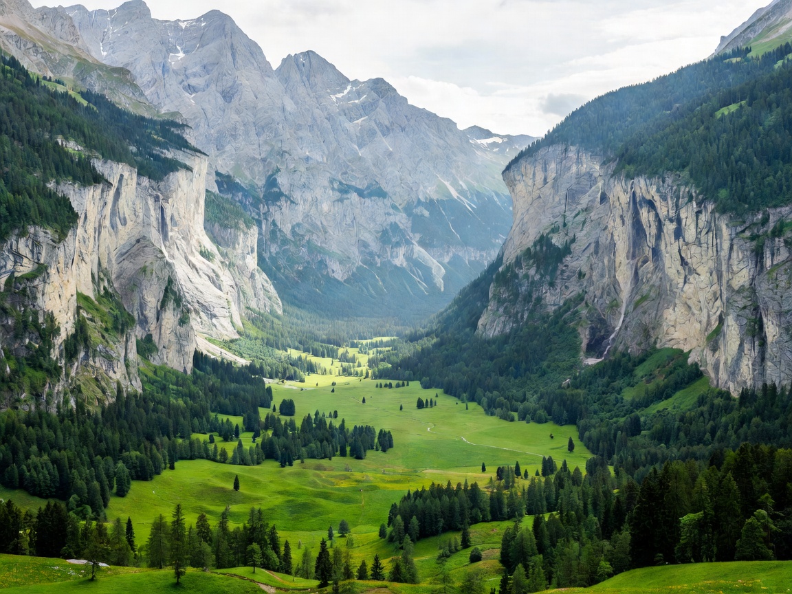 Verdant U-shaped Lauterbrunnen valley floor surrounded by towering vertical limestone cliffs